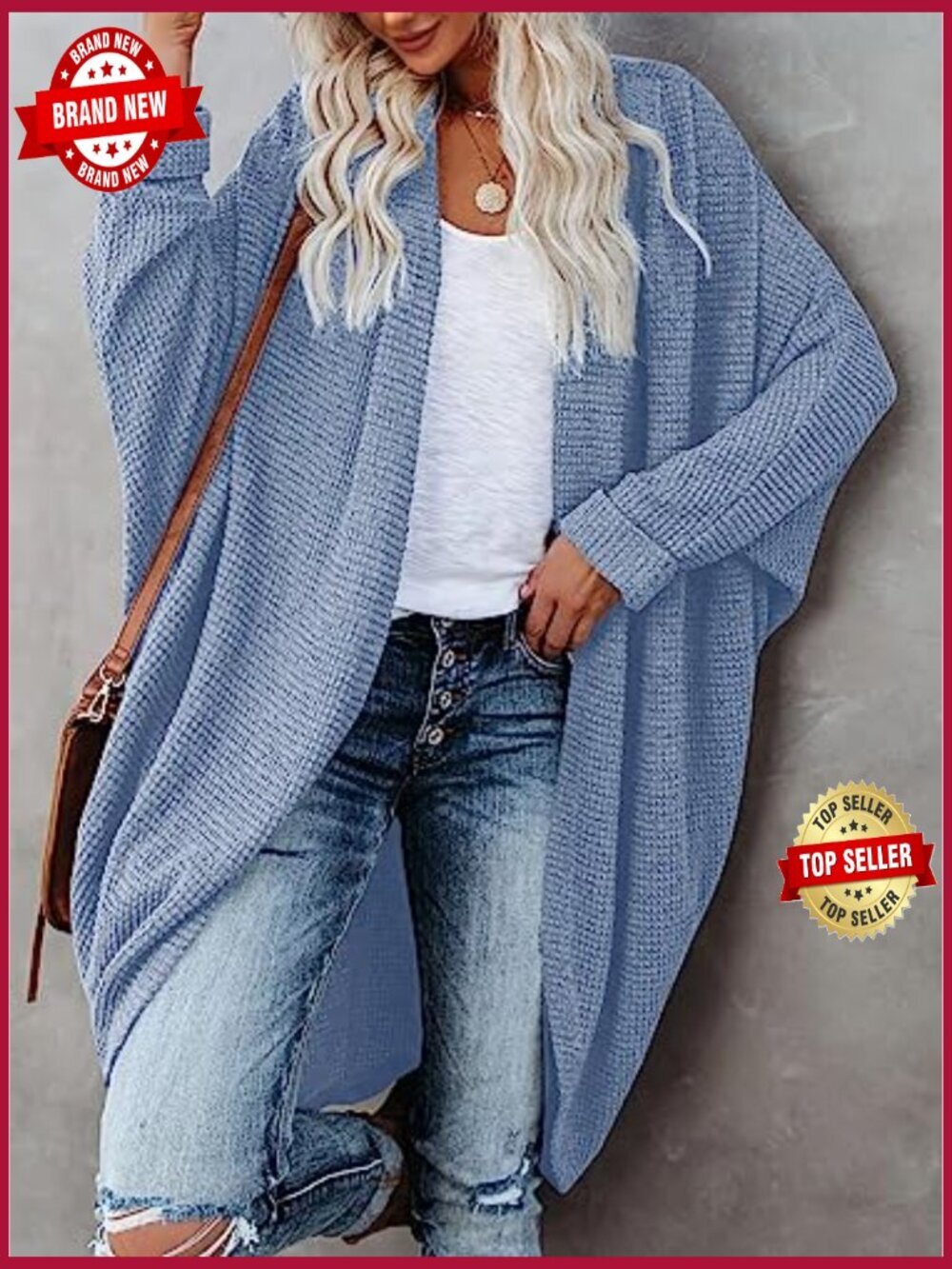 Chunky Waffle Knit Oversized Open Front Cardigan with Pockets - Picture 2 of 7